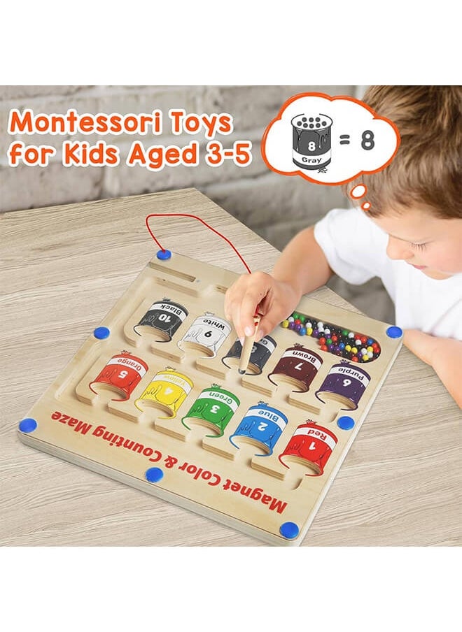 Wooden Magnetic Maze for Toddler, Magnetic Color and Number Maze, Montessori Wooden Color Matching Learning Counting Puzzle Board, Counting Matching Activities Fine Motor Skills Toys for Kids