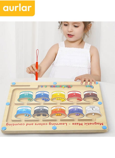 Wooden Magnetic Maze for Toddler, Magnetic Color and Number Maze, Montessori Wooden Color Matching Learning Counting Puzzle Board, Counting Matching Activities Fine Motor Skills Toys for Kids