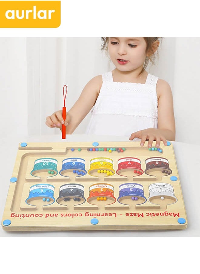 Aurlar Wooden Magnetic Maze for Toddler, Magnetic Color and Number Maze, Montessori Wooden Color Matching Learning Counting Puzzle Board, Counting Matching Activities Fine Motor Skills Toys for Kids  - Image 1