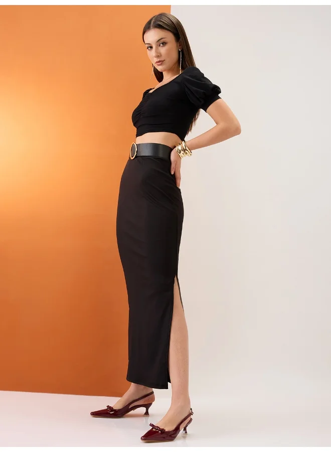 globus Globus Women Black High-Rise Stretchable Side Slit Maxi Pencil Skirt