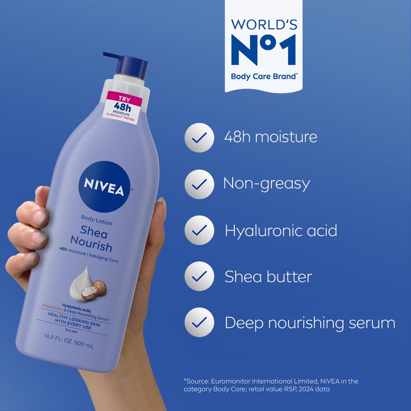 Nivea لوشن الجسم نيفيا بشيء الشيا، لوشن للبشرة الجافة مع زبدة الشيا، لوشن مرطب للبشرة الجافة، 16.9 أونصة سائلة زجاجة مضخة - Image 3