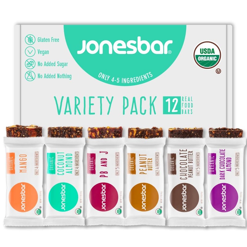 JONESBAR Organic Plant Based Protein Bars | 6 Flavor Variety Pack | Fruit & Nut Bar, Kosher, Gluten Free, Breakfast Bars, School Snacks, Vegan Snack & Healthy Snacks for Adults and Kids (Pack of 12) - Image 1
