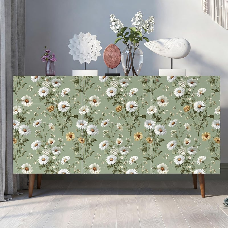 Livebor Floral Peel and Stick Wallpaper Daisy Floral Contact Paper 16.9in x118.1in Green Flower Wallpaper Peel and Stick Modern Flower Self Adhesive Removable Wall Paper for Bedroom Decorative Vinyl - Image 3