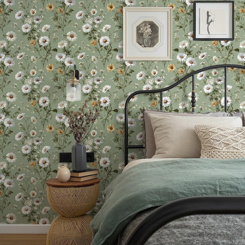 Livebor Floral Peel and Stick Wallpaper Daisy Floral Contact Paper 16.9in x118.1in Green Flower Wallpaper Peel and Stick Modern Flower Self Adhesive Removable Wall Paper for Bedroom Decorative Vinyl - Image 2