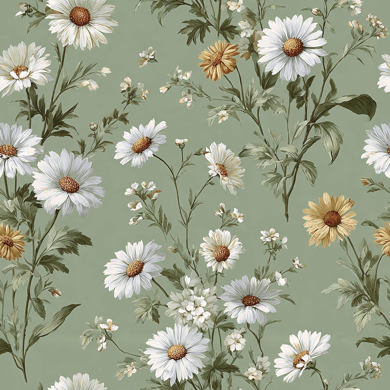 Livebor Floral Peel and Stick Wallpaper Daisy Floral Contact Paper 16.9in x118.1in Green Flower Wallpaper Peel and Stick Modern Flower Self Adhesive Removable Wall Paper for Bedroom Decorative Vinyl - Image 1