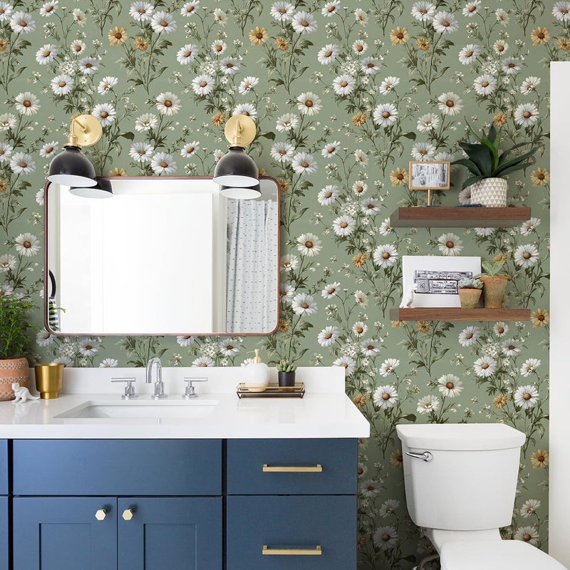 Livebor Floral Peel and Stick Wallpaper Daisy Floral Contact Paper 16.9in x118.1in Green Flower Wallpaper Peel and Stick Modern Flower Self Adhesive Removable Wall Paper for Bedroom Decorative Vinyl - Image 4