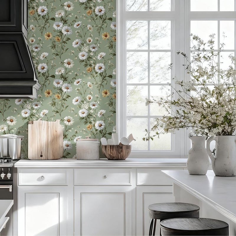 Livebor Floral Peel and Stick Wallpaper Daisy Floral Contact Paper 16.9in x118.1in Green Flower Wallpaper Peel and Stick Modern Flower Self Adhesive Removable Wall Paper for Bedroom Decorative Vinyl - Image 5