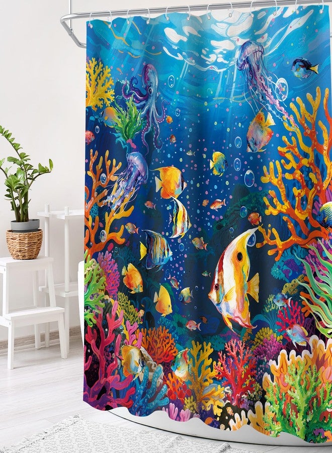 Cinbloo Ocean Fish 72Wx72H Shower Curtain Kids Sea Corals Underwater Scenery Tropical Fishes Jellyfish Starfish Beach Summer Sealife Bathroom Curtain Set Modern Bath Bathroom Accessories Decor - Image 3