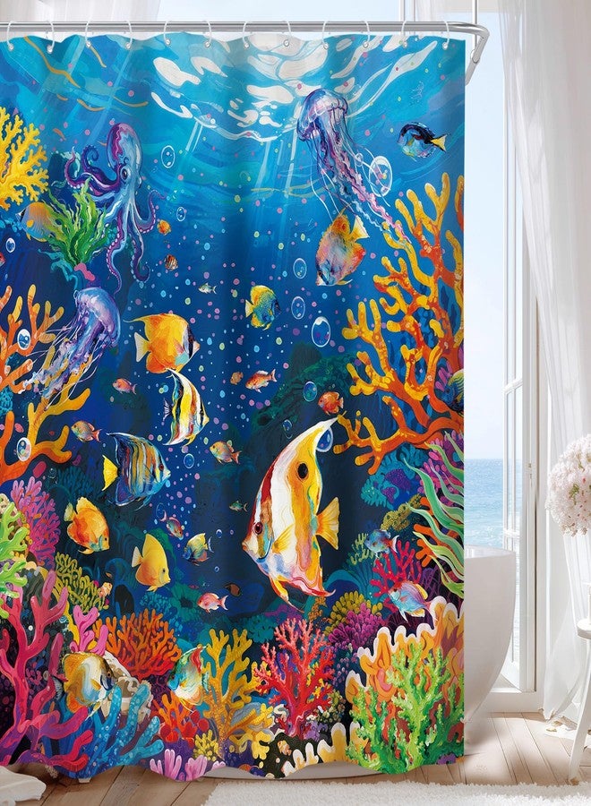 Cinbloo Ocean Fish 72Wx72H Shower Curtain Kids Sea Corals Underwater Scenery Tropical Fishes Jellyfish Starfish Beach Summer Sealife Bathroom Curtain Set Modern Bath Bathroom Accessories Decor - Image 1