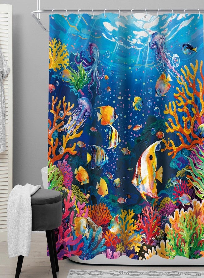 Cinbloo Ocean Fish 72Wx72H Shower Curtain Kids Sea Corals Underwater Scenery Tropical Fishes Jellyfish Starfish Beach Summer Sealife Bathroom Curtain Set Modern Bath Bathroom Accessories Decor - Image 2