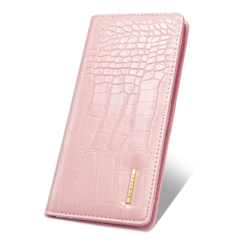 Simikol Wallet Women Bifold Faux Crocodile Leather Minimalist Slim Thin Long Wallets RFID Blocking Credit Cards Holder Purse with Back Zipper Coin Pocket for Women and Men,Pink - Image 1