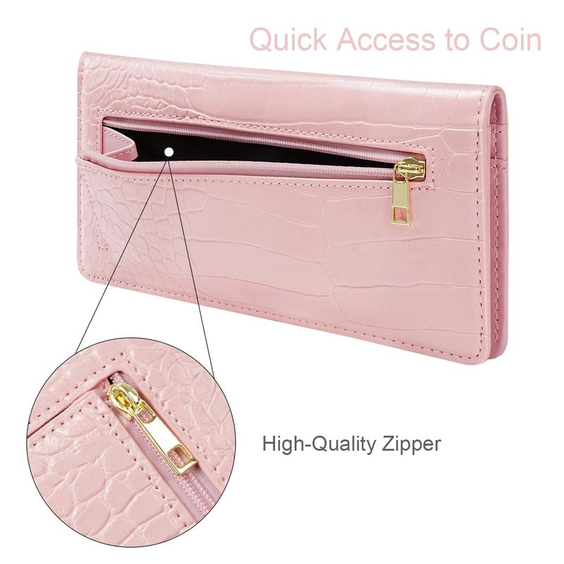 Simikol Wallet Women Bifold Faux Crocodile Leather Minimalist Slim Thin Long Wallets RFID Blocking Credit Cards Holder Purse with Back Zipper Coin Pocket for Women and Men,Pink - Image 3