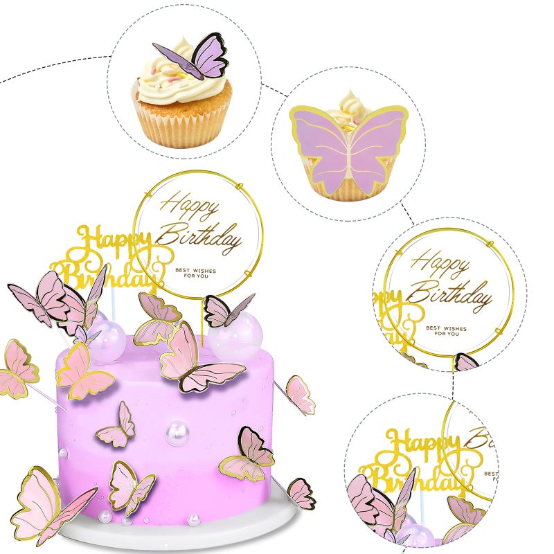 WOW DING 60Pcs Butterfly Cupcake Topper Pink Gold, Lively 3D Butterflies with 2Pcs Happy Birthday Topper for Cake Decor Birthday Anniversary Kids Wedding Girl Women Party Wall Food Decorations,Mixed Size - Image 4