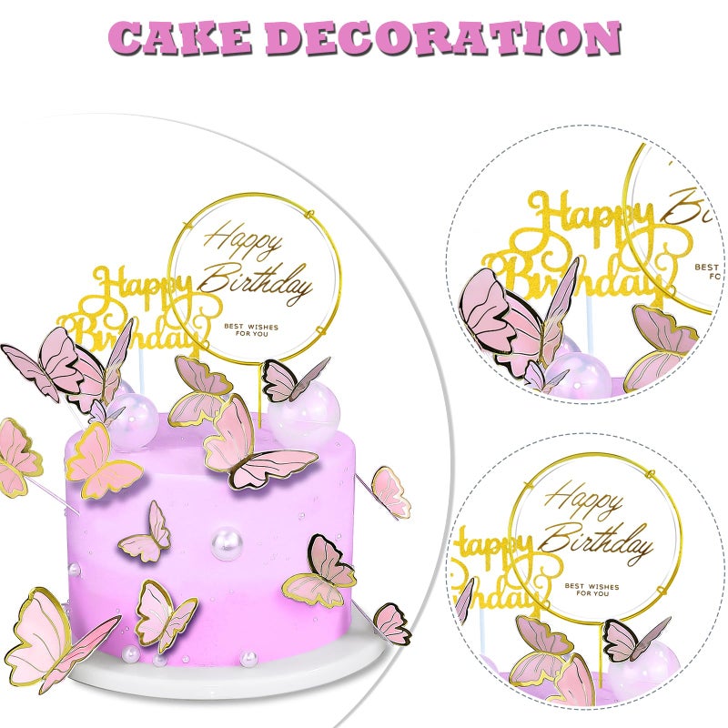 WOW DING 60Pcs Butterfly Cupcake Topper Pink Gold, Lively 3D Butterflies with 2Pcs Happy Birthday Topper for Cake Decor Birthday Anniversary Kids Wedding Girl Women Party Wall Food Decorations,Mixed Size - Image 3