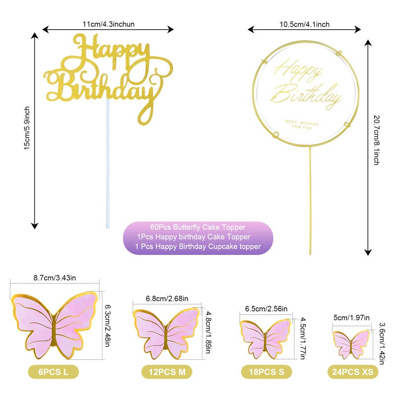 WOW DING 60Pcs Butterfly Cupcake Topper Pink Gold, Lively 3D Butterflies with 2Pcs Happy Birthday Topper for Cake Decor Birthday Anniversary Kids Wedding Girl Women Party Wall Food Decorations,Mixed Size - Image 2