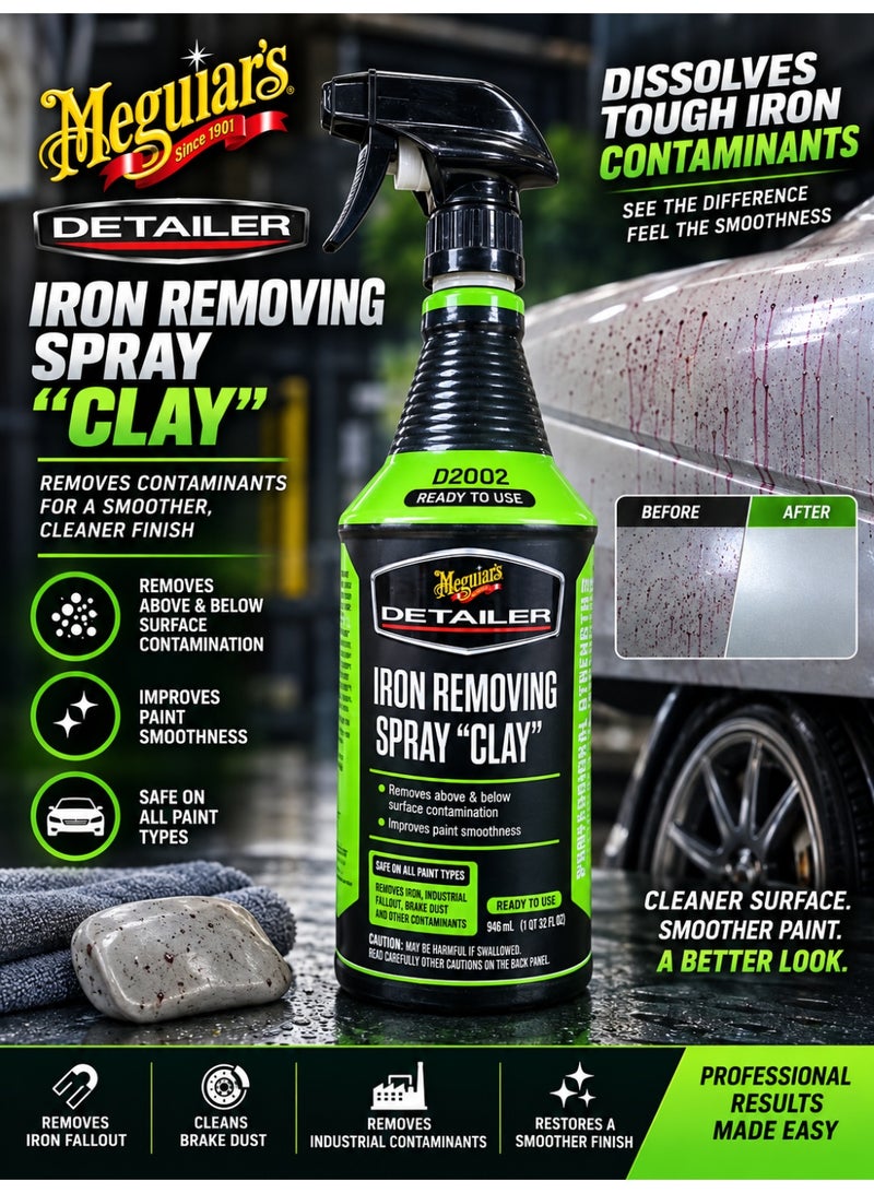 ميجوايرز ديتيلر بخاخ إزالة الحديد Iron Removing Spray Clay D2002 – منظف احترافي جاهز للاستخدام لإزالة ترسبات الحديد وغبار الفرامل والملوثات الصناعية من طلاء السيارة – 946 مل