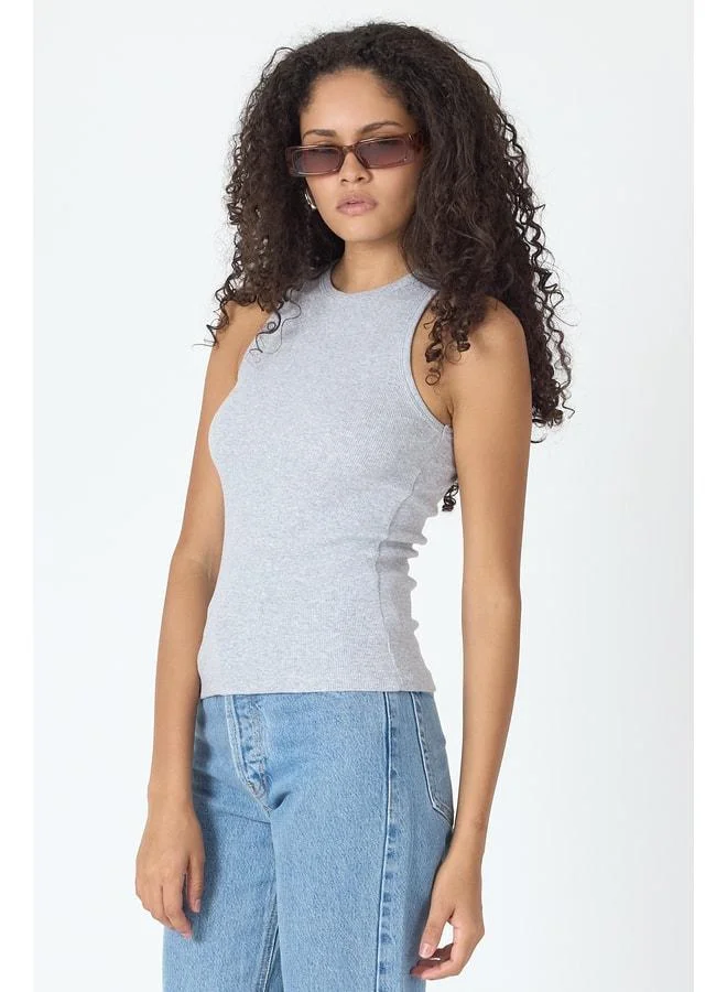 Mmetalic  Ribbed Regular Fit Standard Cut Grey Crew Neck Sleeveless Cotton Women's Tank Top for Women | Best Price UAE