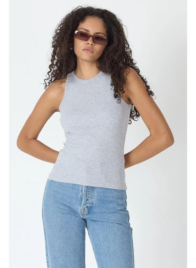 Mmetalic Ribbed Regular Fit Standard Cut Grey Crew Neck Sleeveless Cotton Women's Tank Top
