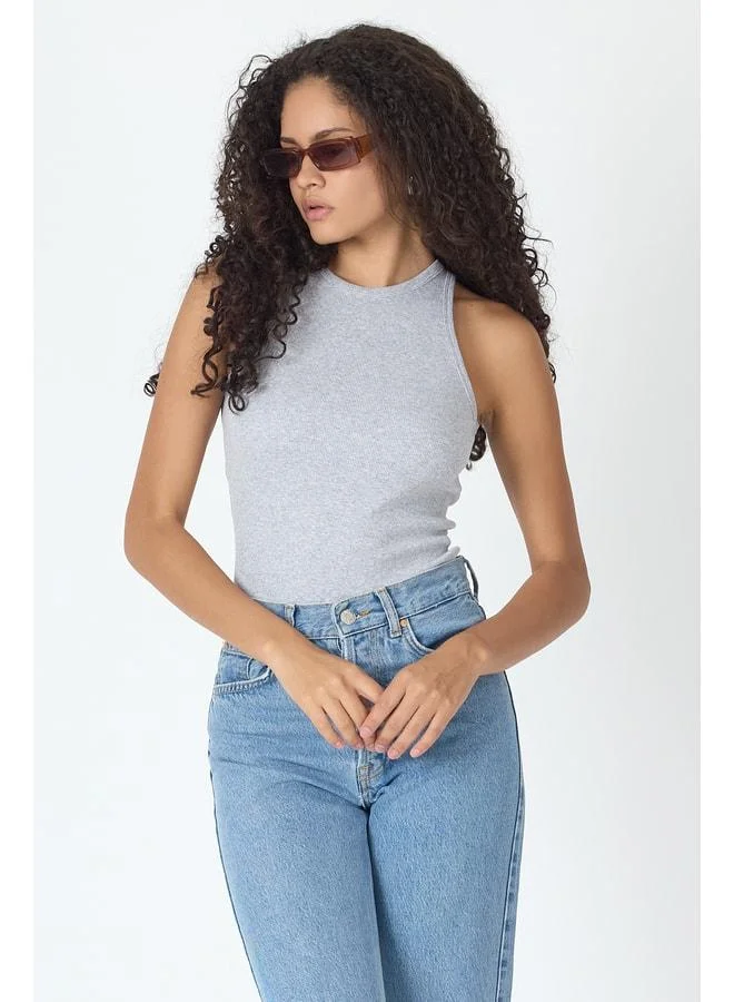Mmetalic Ribbed Regular Fit Standard Cut Grey Crew Neck Sleeveless Cotton Women's Tank Top