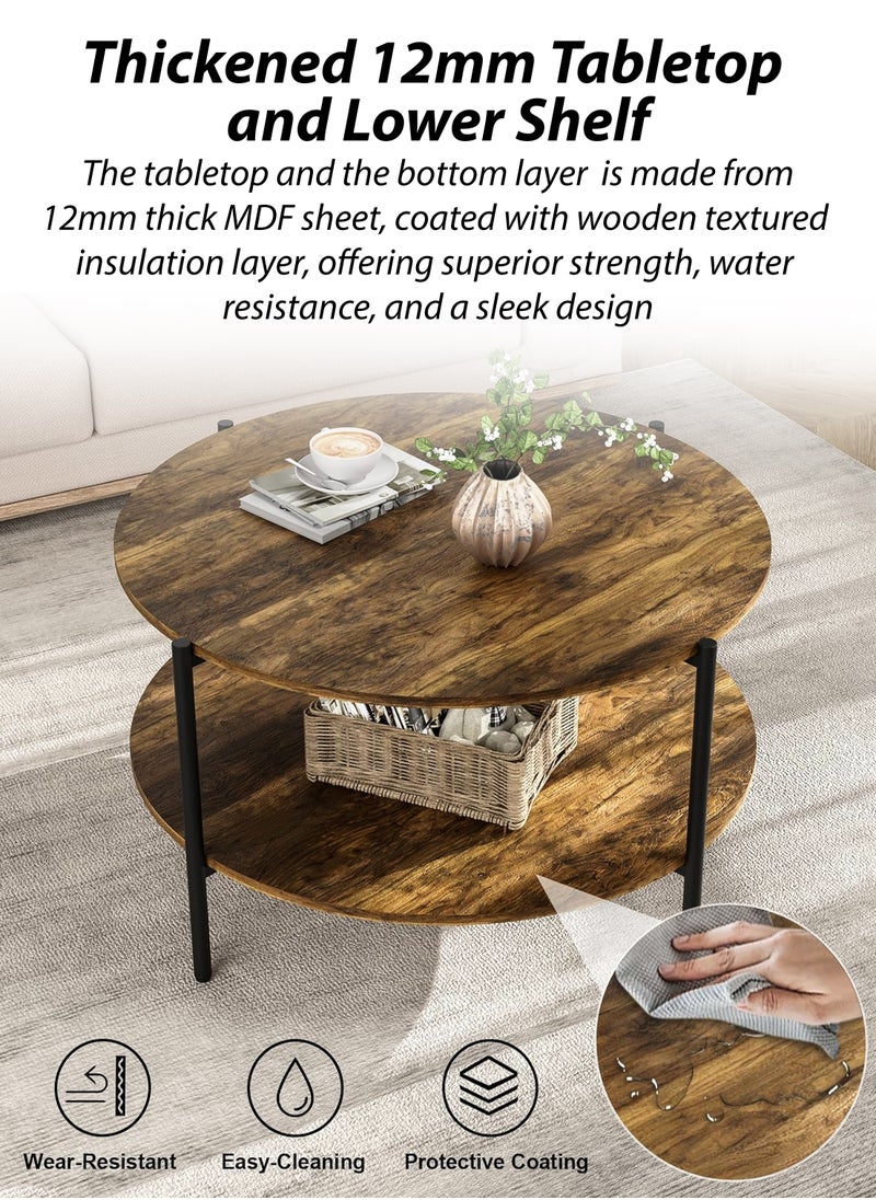 DBLEW 2 Tier Round Centre Coffee Table for Living Room Faux Vintage Wooden Finish Desktop Rustic Brown Modern Small Circle Tea Table With Bottom Open Storage Shelf And Carbon Steel Frame For Home Bedroom Outdoor Garden Patio Office Hotel Lobby Restaurant Bar Café Balcony Corner Bedside And Sofa Side End Table  - Image 2