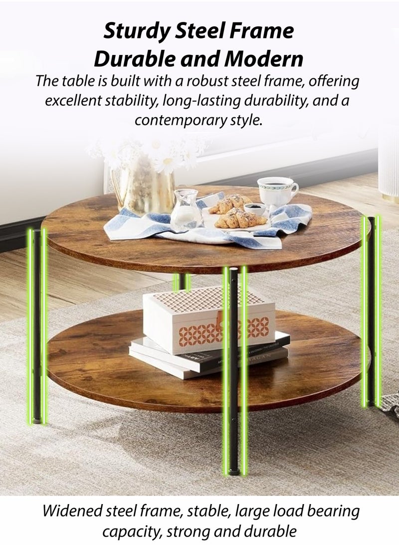 DBLEW 2 Tier Round Centre Coffee Table for Living Room Faux Vintage Wooden Finish Desktop Rustic Brown Modern Small Circle Tea Table With Bottom Open Storage Shelf And Carbon Steel Frame For Home Bedroom Outdoor Garden Patio Office Hotel Lobby Restaurant Bar Café Balcony Corner Bedside And Sofa Side End Table  - Image 3