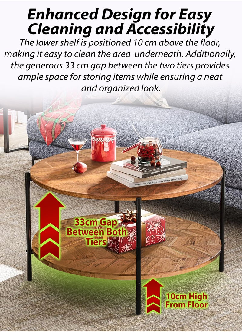 DBLEW 2 Tier Round Centre Coffee Table for Living Room Faux Vintage Wooden Finish Desktop Rustic Brown Modern Small Circle Tea Table With Bottom Open Storage Shelf And Carbon Steel Frame For Home Bedroom Outdoor Garden Patio Office Hotel Lobby Restaurant Bar Café Balcony Corner Bedside And Sofa Side End Table  - Image 5
