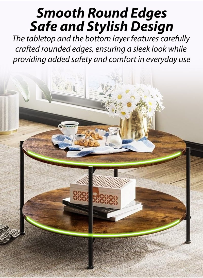 DBLEW 2 Tier Round Centre Coffee Table for Living Room Faux Vintage Wooden Finish Desktop Rustic Brown Modern Small Circle Tea Table With Bottom Open Storage Shelf And Carbon Steel Frame For Home Bedroom Outdoor Garden Patio Office Hotel Lobby Restaurant Bar Café Balcony Corner Bedside And Sofa Side End Table  - Image 4