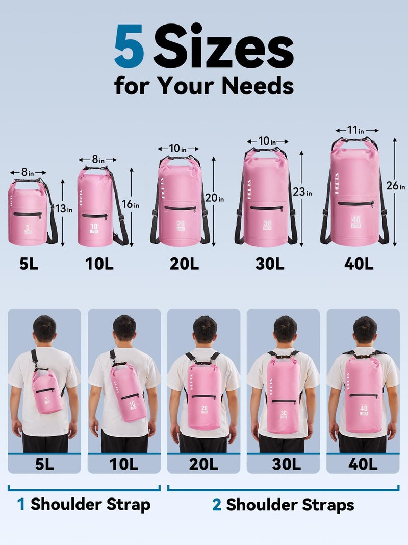 HEETA Waterproof Dry Bag with Front Zippered Pocket for Women Men, 5L/10L/20L/30L/40L Roll Top Lightweight Dry Storage Bag Backpack for Travel, Kayaking, Boating, Rafting, Camping, Beach (Pink, 5L) - Image 2