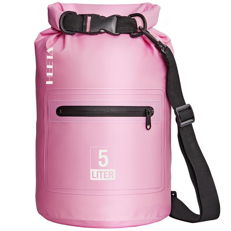 HEETA Waterproof Dry Bag with Front Zippered Pocket for Women Men, 5L/10L/20L/30L/40L Roll Top Lightweight Dry Storage Bag Backpack for Travel, Kayaking, Boating, Rafting, Camping, Beach (Pink, 5L) - Image 1