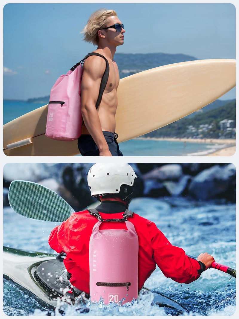 HEETA Waterproof Dry Bag with Front Zippered Pocket for Women Men, 5L/10L/20L/30L/40L Roll Top Lightweight Dry Storage Bag Backpack for Travel, Kayaking, Boating, Rafting, Camping, Beach (Pink, 5L) - Image 5