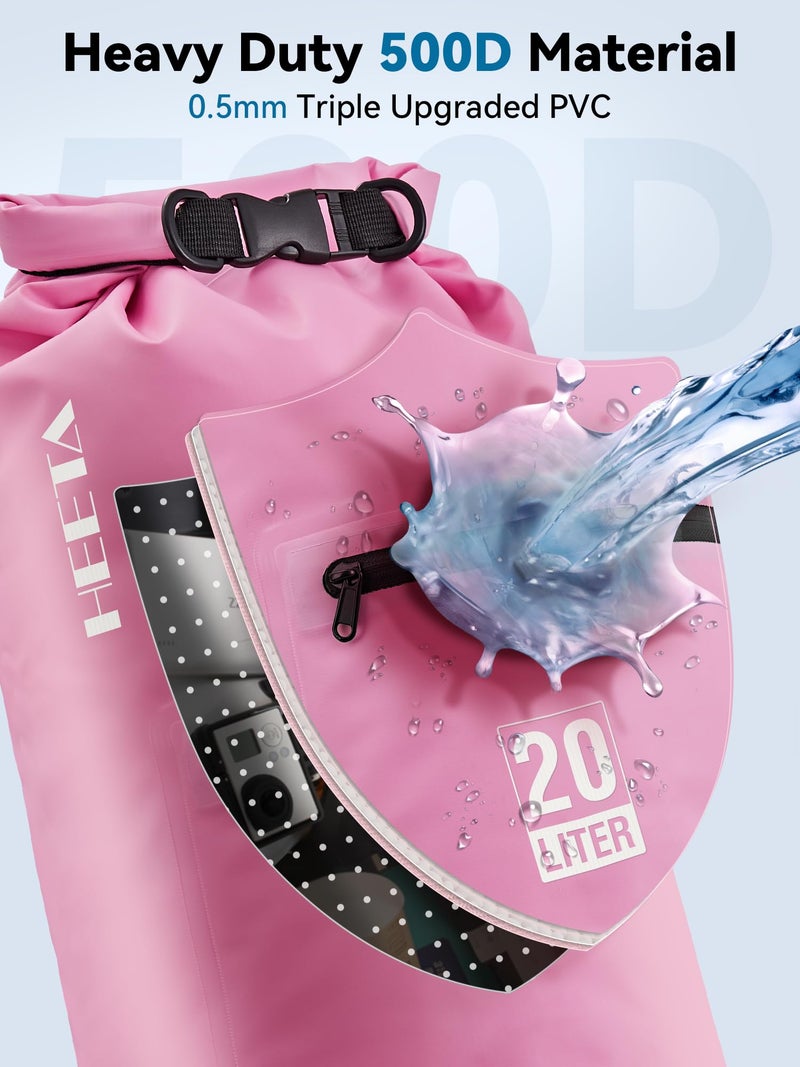 HEETA Waterproof Dry Bag with Front Zippered Pocket for Women Men, 5L/10L/20L/30L/40L Roll Top Lightweight Dry Storage Bag Backpack for Travel, Kayaking, Boating, Rafting, Camping, Beach (Pink, 5L) - Image 4