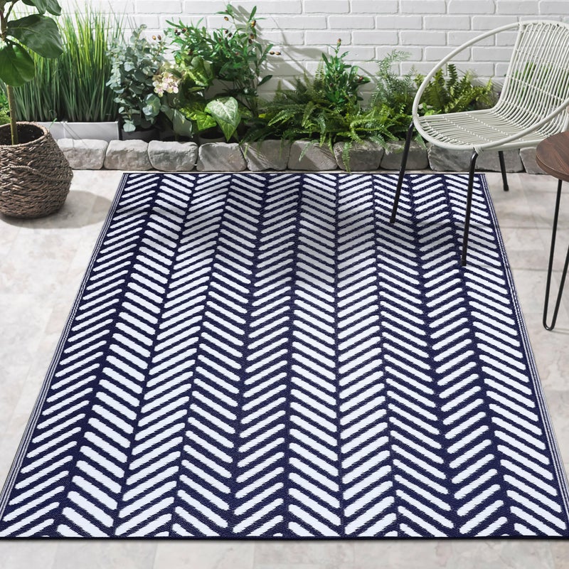 FH Home FH Home Outdoor Rug  Waterproof Fade Resistant Reversible  Premium Recycled Plastic  Herringbone  Patio Porch Deck Balcony  Fresno  Navy Crease Free  5 x 8 ft 