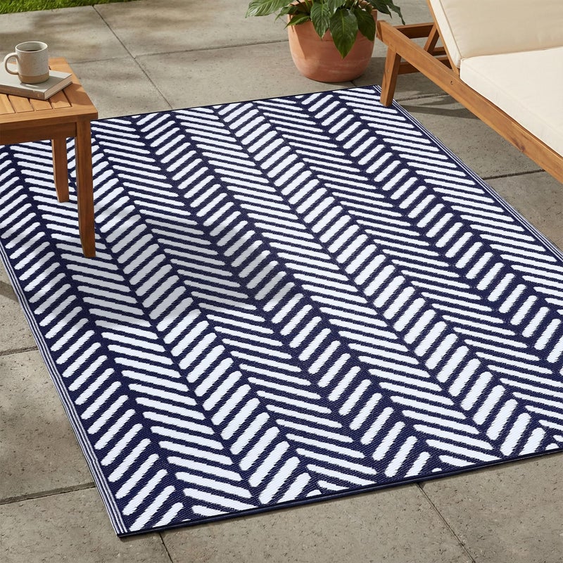 FH Home Outdoor Rug Waterproof Fade Resistant Reversible Premium Recycled Plastic Herringbone Patio Porch Deck Balcony Fresno Navy Crease Free 5 x 8 ft