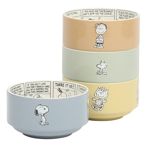 Peanuts Snoopy Bonbon Bites 4-Piece 5.5-Inch Decorated Stoneware Ceramic Stackable Bowl Set, Microwave & Dishwasher Safe Snack and Dessert Bowls - Image 1