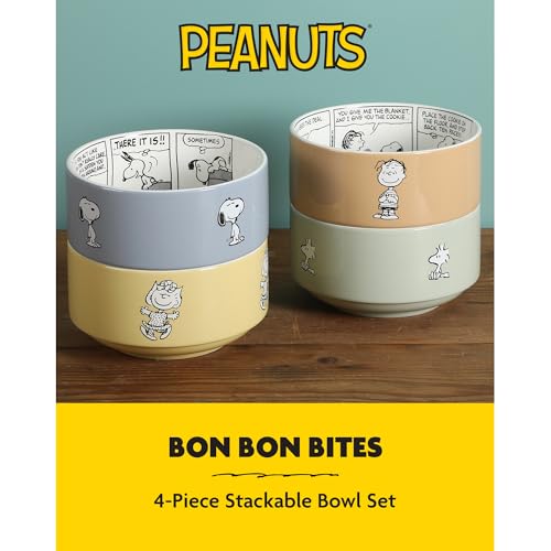 Peanuts Snoopy Bonbon Bites 4-Piece 5.5-Inch Decorated Stoneware Ceramic Stackable Bowl Set, Microwave & Dishwasher Safe Snack and Dessert Bowls - Image 2