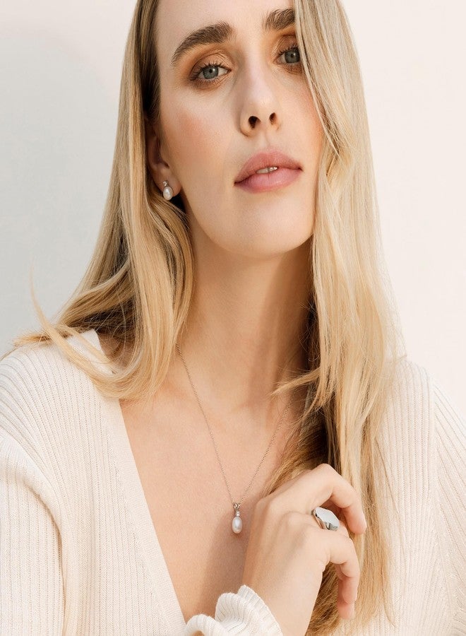 The Pearl Source 8.0-8.5mm AAAA Quality Genuine White Freshwater Cultured Pearl & Cubic Zirconia Rosalie Pendant Necklace for Women - Image 3