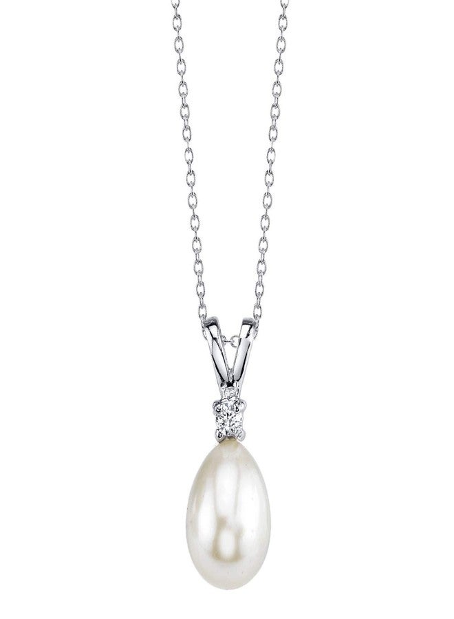 The Pearl Source 8.0-8.5mm AAAA Quality Genuine White Freshwater Cultured Pearl & Cubic Zirconia Rosalie Pendant Necklace for Women - Image 1