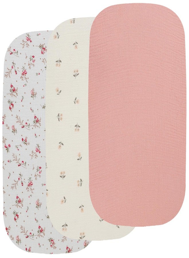 Onacosht Muslin Bassinet Sheets 3 Pack, 100% Cotton Baby Sheet 35" X 20" Compatiable with AMKE 3 in 1 Bassinets, MiClassic, Uiuwoo, Foalom, YADAQE, Milliard and TCBunny Bassinet, Pink and Floral - Image 1
