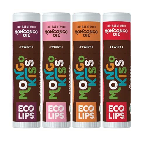 Eco Lips Mongo Kiss Organic Lip Balm 4 Pack Blood Orange Yumberry Strawberry Lavender Black Cherry  100 Percent USDA Organic  Soothe Moisturize Dry