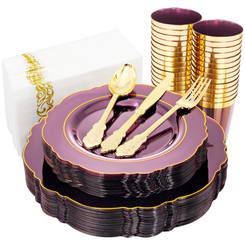 KIRE 210Pcs Purple Plastic Plates with Gold Rim Silverware CupsHand Napkin  Baroque Clear Plastic Dinnerware for Upscale WeddingPartiesGraduation Plates