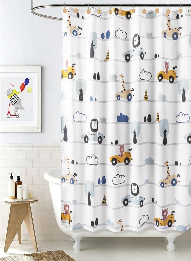Sunlit Funny Car Race Fabric Kids Shower Curtain, Cute Cartoon Animal Drivers with Giraffe, Lion & Bear, Fun Road Trip Theme Bathroom Decor for Boys and Girls, 72 x 72 Inches - Image 1