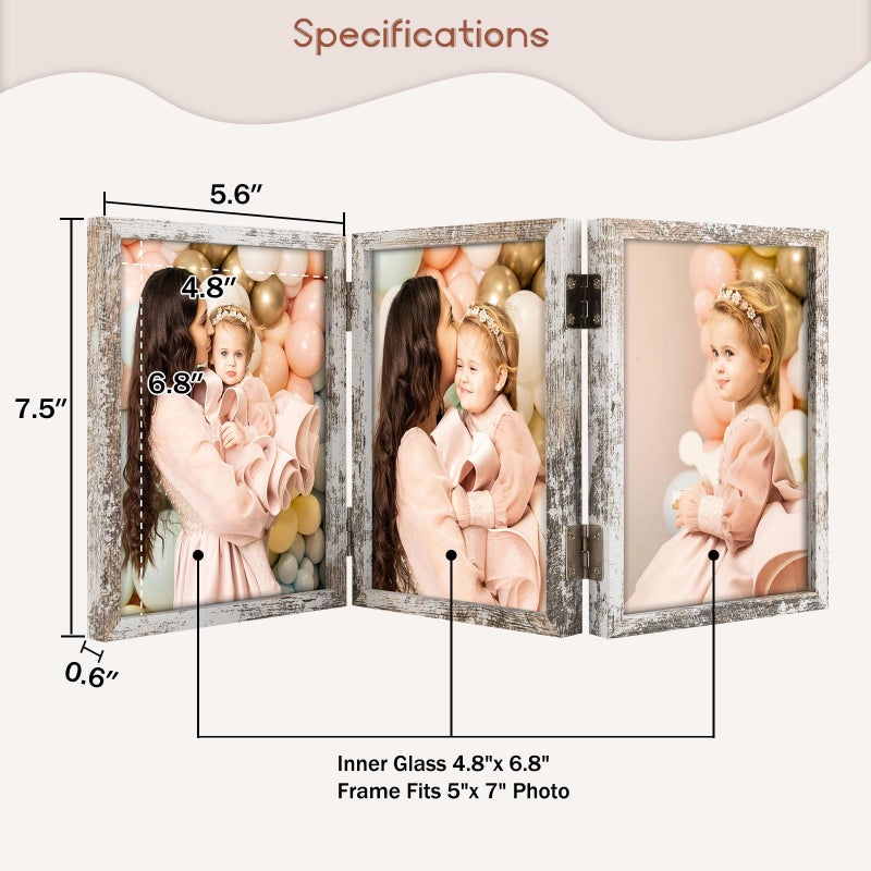 Space Art Deco 5x7 Triple Hinged Frames  3 Folding Picture Frame  Triptych Photo Frame  Stand Vertically on Desktop or Tabletop  Distressed White - Image 2