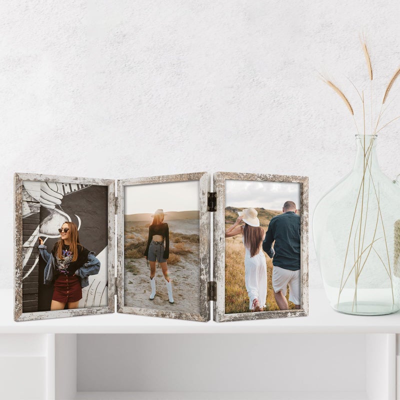 Space Art Deco 5x7 Triple Hinged Frames  3 Folding Picture Frame  Triptych Photo Frame  Stand Vertically on Desktop or Tabletop  Distressed White - Image 3