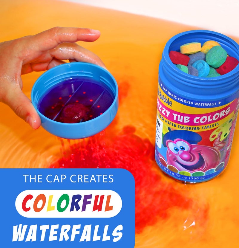 Mr. Bubble Fizzy Tub Colors Bath Water Coloring Tabelets, 6 Bright Colors, Red, Orange, Yellow, Purple, Blue and Green, Fragrance Free, Cap Makes Colorful Waterfall (3 Jars, 450 Tablets) - Image 3