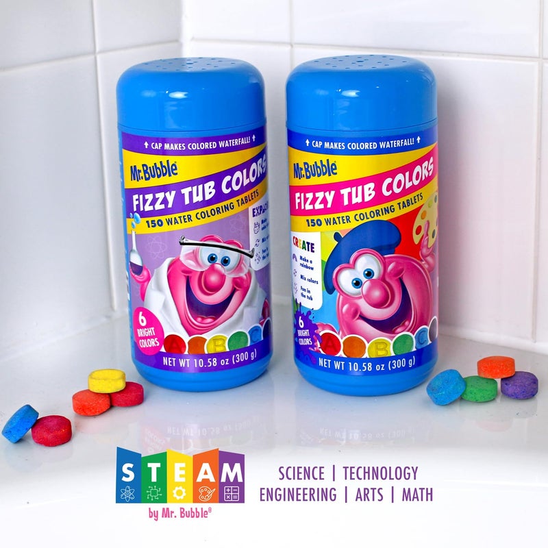 Mr. Bubble Fizzy Tub Colors Bath Water Coloring Tabelets, 6 Bright Colors, Red, Orange, Yellow, Purple, Blue and Green, Fragrance Free, Cap Makes Colorful Waterfall (3 Jars, 450 Tablets) - Image 2