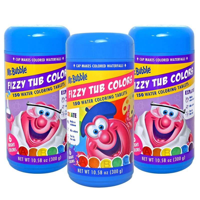 Mr. Bubble Fizzy Tub Colors Bath Water Coloring Tabelets, 6 Bright Colors, Red, Orange, Yellow, Purple, Blue and Green, Fragrance Free, Cap Makes Colorful Waterfall (3 Jars, 450 Tablets) - Image 1