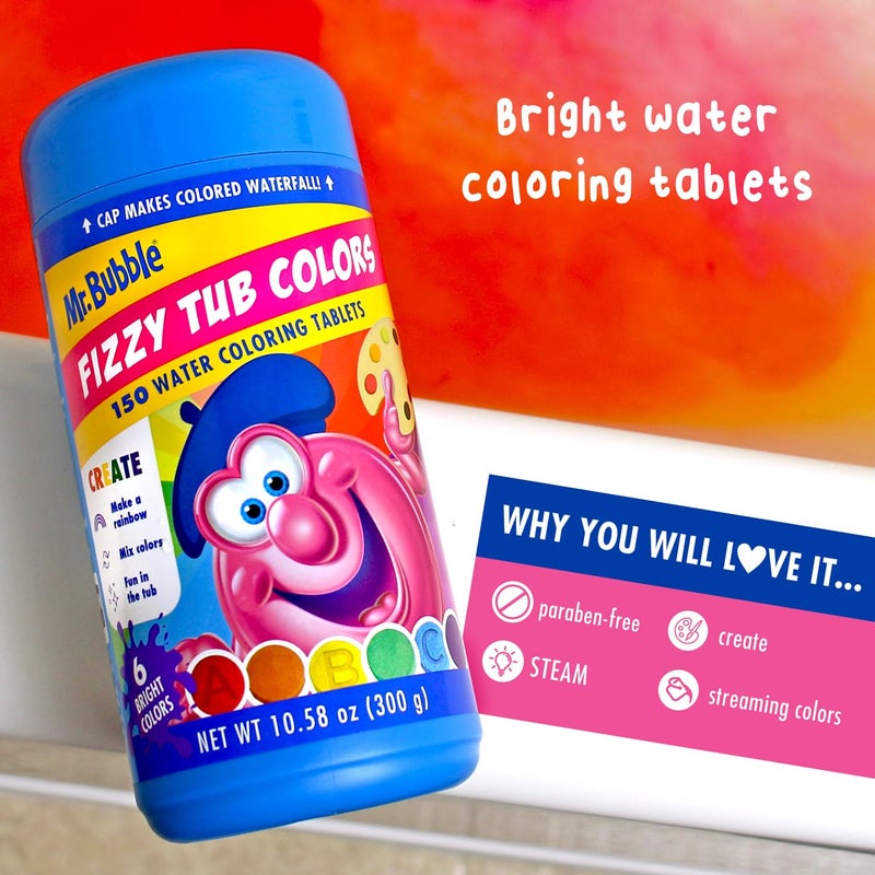 Mr. Bubble Fizzy Tub Colors Bath Water Coloring Tabelets, 6 Bright Colors, Red, Orange, Yellow, Purple, Blue and Green, Fragrance Free, Cap Makes Colorful Waterfall (3 Jars, 450 Tablets) - Image 4