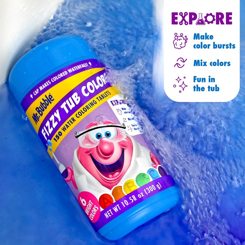 Mr. Bubble Fizzy Tub Colors Bath Water Coloring Tabelets, 6 Bright Colors, Red, Orange, Yellow, Purple, Blue and Green, Fragrance Free, Cap Makes Colorful Waterfall (3 Jars, 450 Tablets) - Image 5
