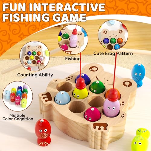 edutree Wooden Magnetic Fishing Game for Toddlers 13 Frog Fishing Color Sorting Montessori Sensory Preschool Educational Learning Fine Motor Skills Toys for 3 4 5 Years Old Boys Girls - Image 5