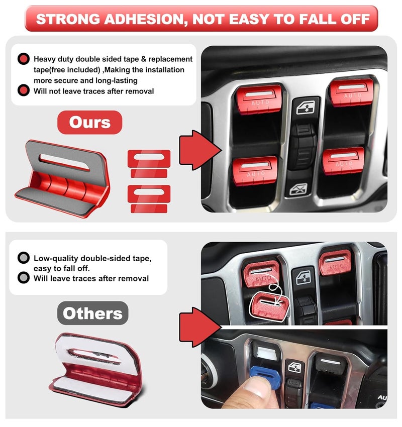 Eamplest for Jeep 4 PCS Upgrade Metal Window Switch Button Cover Compatible with Jeep Wrangler JL JLU 2023 2022 2021 2020 2019 2018 & Gladiator JT 2020-2023 Interior Accessories (Red) - Image 2